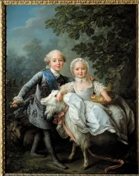 Portrett av Charles Philippe av Frankrike, grev av Artois (fremtidig Charles X (1757-1836) og hans søster Madame Clothilde, fremtidig dronning av Sardinia (1759-1802) representert i 1763-1764, Maleri av Francois Hubert Drouais (177527)