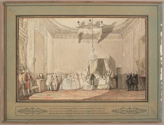 Interiøret i soverommet i Versailles til Marie-Thérèse de Savoie, komtesse d#39;Artois, på fødselsdagen til Louis-Antoine d#39;Artois, hertug d#39;Angoulême, 6. august 1775 (penn og blekk med akvarell på papir)
