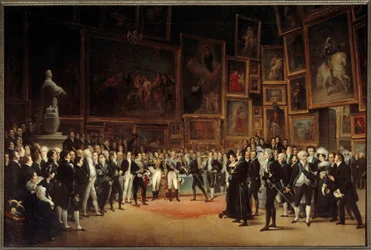 Kong Charles X (1757-1836) deler ut priser til kunstnere etter 1824-utstillingen Painting by Francois Joseph Heim (1787-1865) 1827 Sun. 1,73x2,56 m