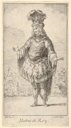 Habit de Roy: en mann iført en tonnelett dekorert med rosetter, en krone og en turban med..., ca. 1721.