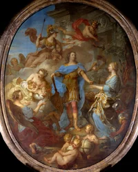 Kong Louis XV (1710-1774) gir fred til Europa Allegorie på tidspunktet for Sevilla-traktaten, gudinnen Minerva er representert. Maleri av Francois le Moyne (1688-1737) 1729 Søn. 3,82x2,95 m .