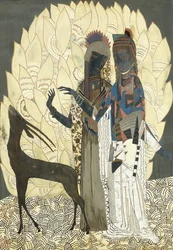 To stiliserte kvinner med en antilope blant løvverk, ca. 1928 (lakk og coquille d