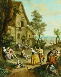 Bønder som danser og gleder seg foran en taverna, en by med bymurer bortenfor,