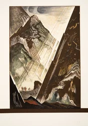 Prometheus blir spikret til klippen av Hephaestus, Kratos og Bia, fra Prométhée Enchaîné av Aeschylus, pub. 1941 (pochoir-trykk)