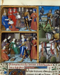 Scener fra livet til frankernes konge Karl den Store (742-814). Miniatyr hentet fra manuskriptet "Speculum historiale"" (Le Mirror historial) av Vincent de Beauvais (1184/94-1264) belyst av Mester Francois (1400-tallet). Chantilly, Conde