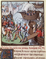 Syvende korstog: Croise-flåten ledet av Saint Louis fra Damiette i 1249. Miniatyr hentet fra manuskriptet «Le Mirror historial de Vincent de Beauvais», bind III av mesteren Francois (1400-tallet). Fol.418r. Musee Conde, Chantilly