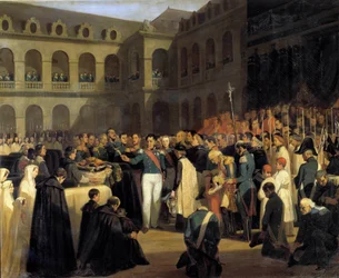 Begravelse for ofrene for Fieschi-angrepet 5.08.1835 i nærvær av kong Louis-Philippe Angrepet til Giuseppe Fieschi (korsikansk konspirator) fant sted 28. juli 1835 mot Louis-Philippe I, franskmennenes konge, Boulevard du Tempel i Paris. P