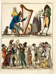 Karikatur av moderne Ossian og av gatesangere, av Francois Nicolas Martinet, gravering