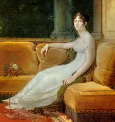 Detalj av ""Portrett av keiserinne Josephine de Beauharnais (1763-1814) i hennes salong på Malmaison"" Maleri av Francois Gerard (1770-1837) 1801 Søn. 1,71x1,64 m Malmaison, slottsmuseum - portrett i full lengde av keiserinne Josephine de Beauharnais