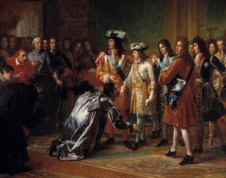 Proklamasjon av hertugen av Anjou, konge av Spania under navnet Filip V, 16. november 1700 (i blå drakt, bak kardinalen til venstre, står Jacques-Benigne (Jacques Benigne) Bossuet). Maleri av Francois Gerard (1770-1837). 1700-tallets søn