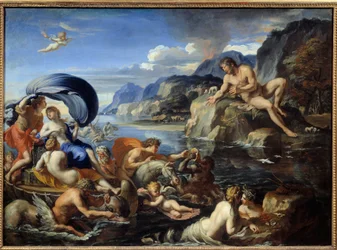 Acis og Galatee Nymfen Galatee og Acis, blir observert av Cyclops Polypheme, sjalu på deres idylliske kjærlighet. I følge Ovids "Metamorphoses". Maleri av Francois Perrier