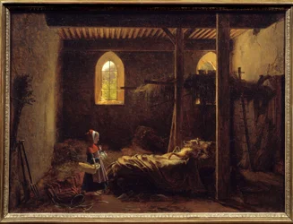 Rødhette Illustrasjon av Charles Perraults fortelling, Rødhette foran ulven forkledning som bestemor. Maleri av Francois Richard Fleury (1777-1852) 1800-tallets søn. 0,35x0,47 m .