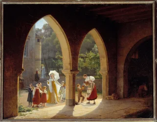 Madame Elisabeth av Frankrike (1764-1794), søster av Louis XVI assistent i distribusjon av melk i huset hennes i Montreuil nær Versailles Maleri av Francois Richard Fleury (1777-1852) Søn. 1,34x1,75m. Versailles, slottsmuseum
