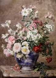 Stilleben av anemoner og roser i en blå og hvit vase. Maleri av François Rivoire (1842–1919). Privat samling.