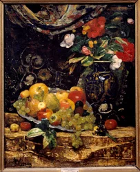 Blomster og frukt. Maleri av Francois Vernay (1821-1896)