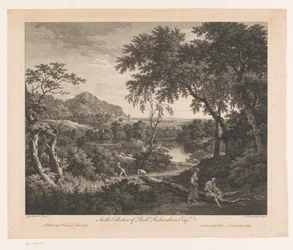 Landskap med hyrde og to figurer ved et basseng