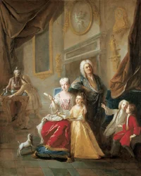Portrett av en familie i et interiør