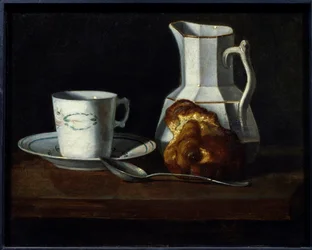 Stilleben en brioche Krus, kanne med melk og brioche. Maleri av Francoise Bourin (1817-1887) Roanne fra 1800-tallet, museum Joseph Dechelette. - Stilll-life, et kakekrus, melkekanne og brioche. Maleri av Francoise Bourin (1817-1887)