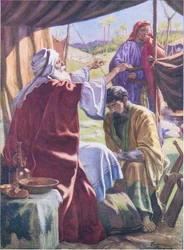 Jakob oppnår velsignelsen, fra The Bible Picture Book utgitt av Thomas Nelson, ca. 1950 (farge litho)