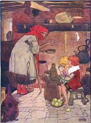 Hun ledet dem inn og ga dem en vakker kveldsmat, fra Hansel and Gretel utgitt av Blackie & Son Limited, ca. 1940
