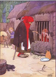 Den gamle kvinnen stengte Hansel i en stall, fra Hansel and Gretel utgitt av Blackie & Son Limited, ca. 1940