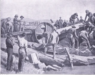 Å få en pistol over et ekkelt sted, illustrasjon fra After Pretoria: The Guerilla War, 1902
