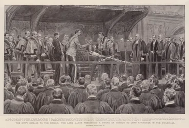 Byens hyllest til Sirdar, Lord Mayor presenterer et æressverd til Lord Kitchener i Guildhall