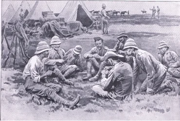 Trøtte soldater nyter hvile, fra After Pretoria: The Guerilla War utgitt av Harmsworth Bros Limited, 1901