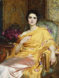 Portrett av Elsa, datter av William Hall, trekvart figur, sittende i rosa kjole og gult sjal, 1927