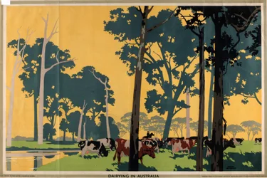 Meieri i Australia, fra serien 'Empire Buying Makes Busy Factories' (farge litho)