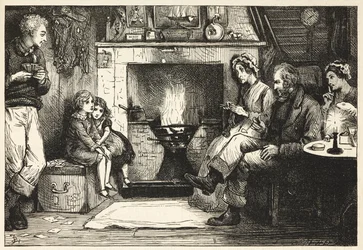 En «dickensiansk» familie samlet rundt en peis.