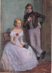 «Jeg er sikker på at jeg ikke vet hva du mener, herr Swiveller», sa frøken Sophy med nedslåtte øyne, ca. 1920 (fargelitografi)
