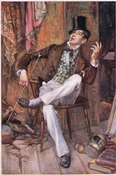 Herr Swiveller lente seg tilbake i stolen med blikket festet i taket, og av og til tonefallet stemmen til en nødvendig toneart, ca. 1920 (fargelitografi)
