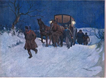 Nær reisens slutt, ca. 1920 (fargelitografi)