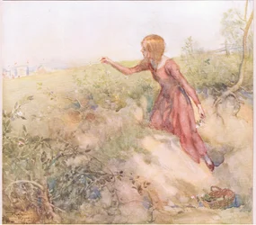 Rett etter soloppgang om morgenen snek hun seg ut av teltet og vandret inn i noen jorder et stykke unna for å plukke noen roser, ca. 1920 (fargelitografi)