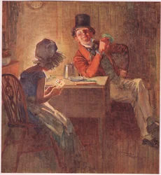 Markisen holdt kortene sine veldig tett i begge hender, vurderte hvilket hun skulle spille, ca. 1920 (fargelitografi)