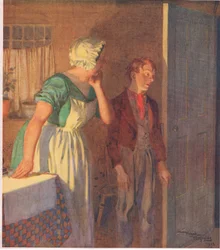 Barnet skyndte seg til døren og forsvant like raskt som hun hadde kommet, ca. 1920 (fargelitografi)