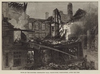Ruinene av Scottish Corporation Hall, Crane-Court, Fleet-Street, etter brannen