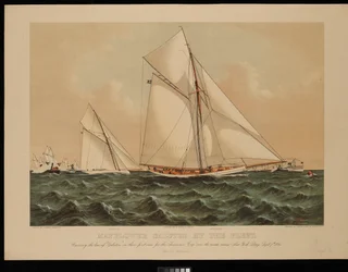 Mayflower hyllet av flåten. Krysser baugen på Galatea i sitt første kappløp om America#39;s Cup ... New York Bay, 7. september 1886 [Vunnet av Mayflower]