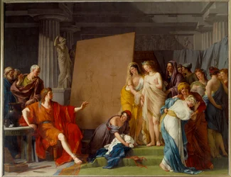 Maleren Zeuxis (eller Zeuxippos, gresk maler, 464-398 f.Kr.) velger de vakreste jentene fra Kroton som modeller. Maleri av François André Vincent (1746-1816). H. 3,2x4,1 m