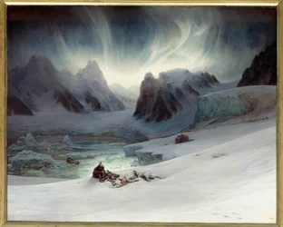Magdalenabukta sett fra Gravhalvøya, Nord-Spitsbergen. Nordlyseffekt. 1,30 x 1,63 m