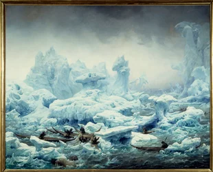Hvalrossfangst i Nordishavet. Utsikt over Polhavet, grønlendere på hvalrossjakt. Dieppe, Musée du Château, 1,3 x 1,63 m, 1841