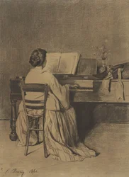 Kvinne ved pianoet, sett bakfra