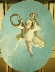 En Putti på flukt holder en krans og en fakkel,