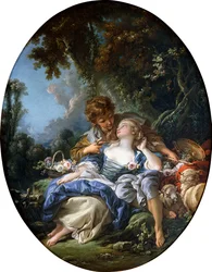 En gjeter og en gjeterinne i Dalliance i et skogslandskap, 1761