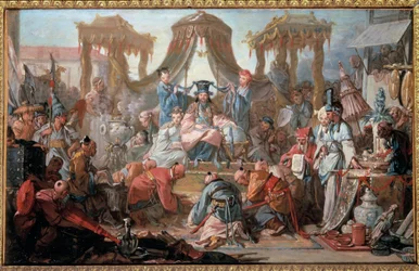 Publikum til keiseren av Kina. Undersåttene bøyer seg foran keiseren. Maleri av Francois Boucher