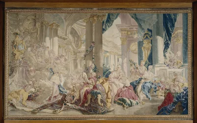 Beauvais-fabrikken - Psyche ledet av Zephyr inn i kjærlighetspalasset, og Psyche viste frem rikdommene sine til søstrene sine, etter 1741