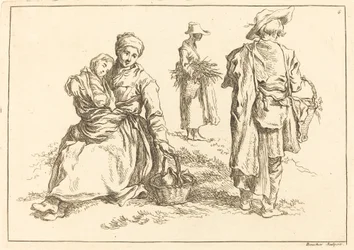 Sittende mor og barn, to stående bønder