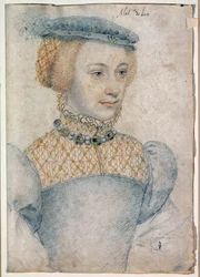 Portrett av Anne de Pisseleu, kone til Louis de Coesmes, Lord of Lucé (1520 -? ). Tegning med svart stein og blod av Francois Clouet (1515-1572)
