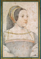 Portrett av Judith av Assigny, kona til Jean de Crequi, far til Cannaples (1502 - 1558). Tegning med svart stein og blod av Francois Clouet (1515-1572)